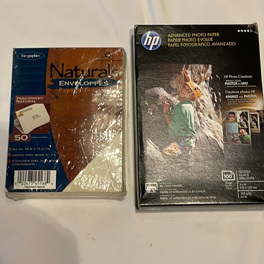 NEW IN BOX 1- 50 pack Naturals printable envelopes   1- 100 pack photo paper.